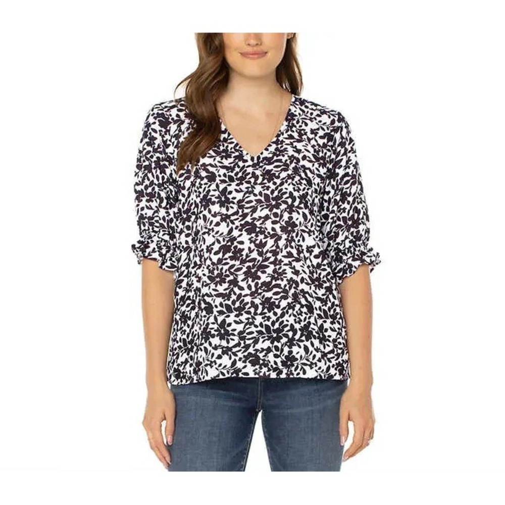 Well Worn Women's V-Neck Elbow Sleeve Floral Blouse, Black & White, Medium